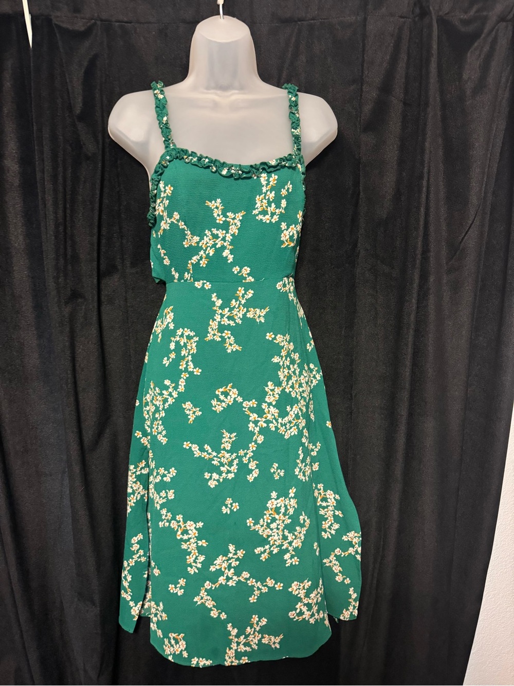 Emerald Floral Ruffle Strap Midi Dress